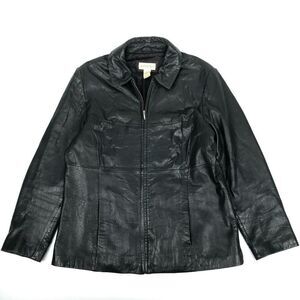 Vtg 90s MERONA Black Bull Leather New York Style Zip Jacket Dad Coat Women Large